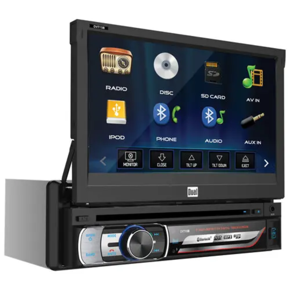 Dual DV715B 1-DIN CD/DVD/AM/FM Bluetooth In-Dash Receiver w/ 7" Flip Out Screen