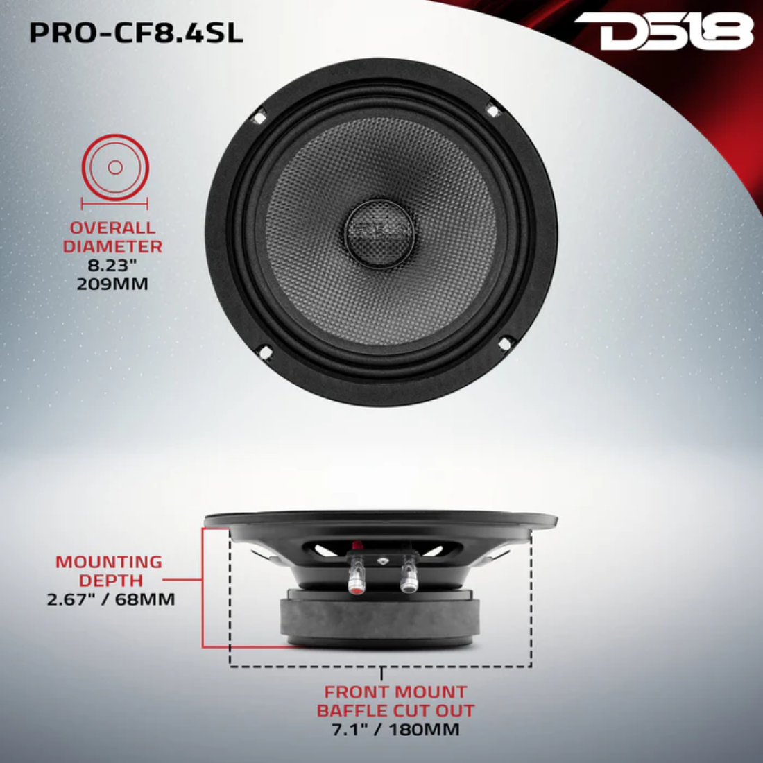 DS18 PRO-CF8.4SL 8" 550W Max 4-Ohm Shallow Carbon Fiber Mid-Bass Car Loudspeaker