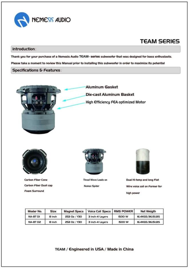 Nemesis Audio NA-8T D1 8" 1500W RMS Dual 1-Ohm Voice Coil DVC Car Subwoofer