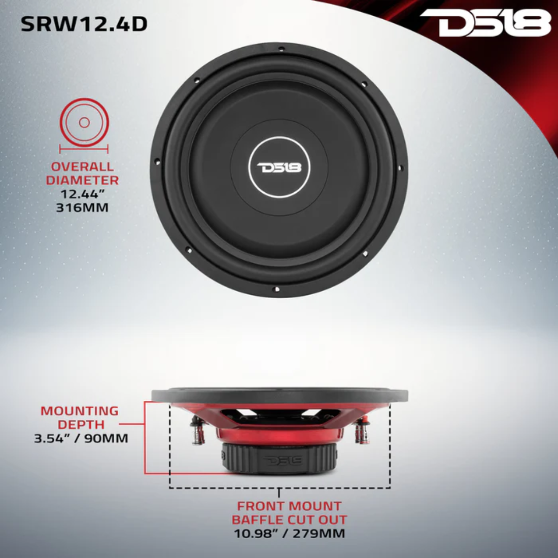 DS18 SRW12.4D 12" 440W Max Dual 4-Ohm Voice Coil DVC Shallow-Mount Car Subwoofer