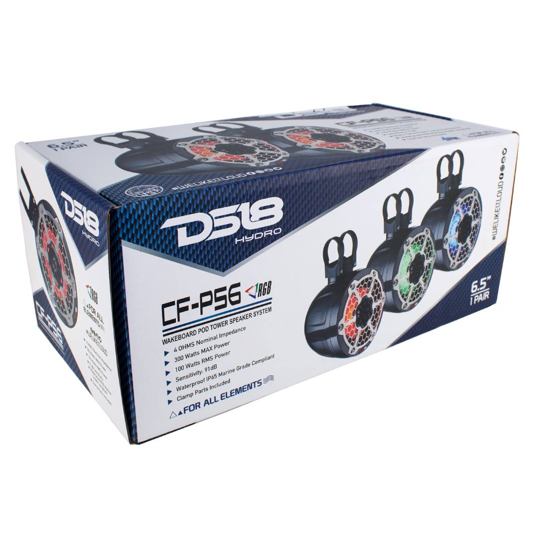 DS18 CF-PS6 600 Watts Max Power 6.5" RGB LED Mini Carbon Fiber Marine Speaker Pods