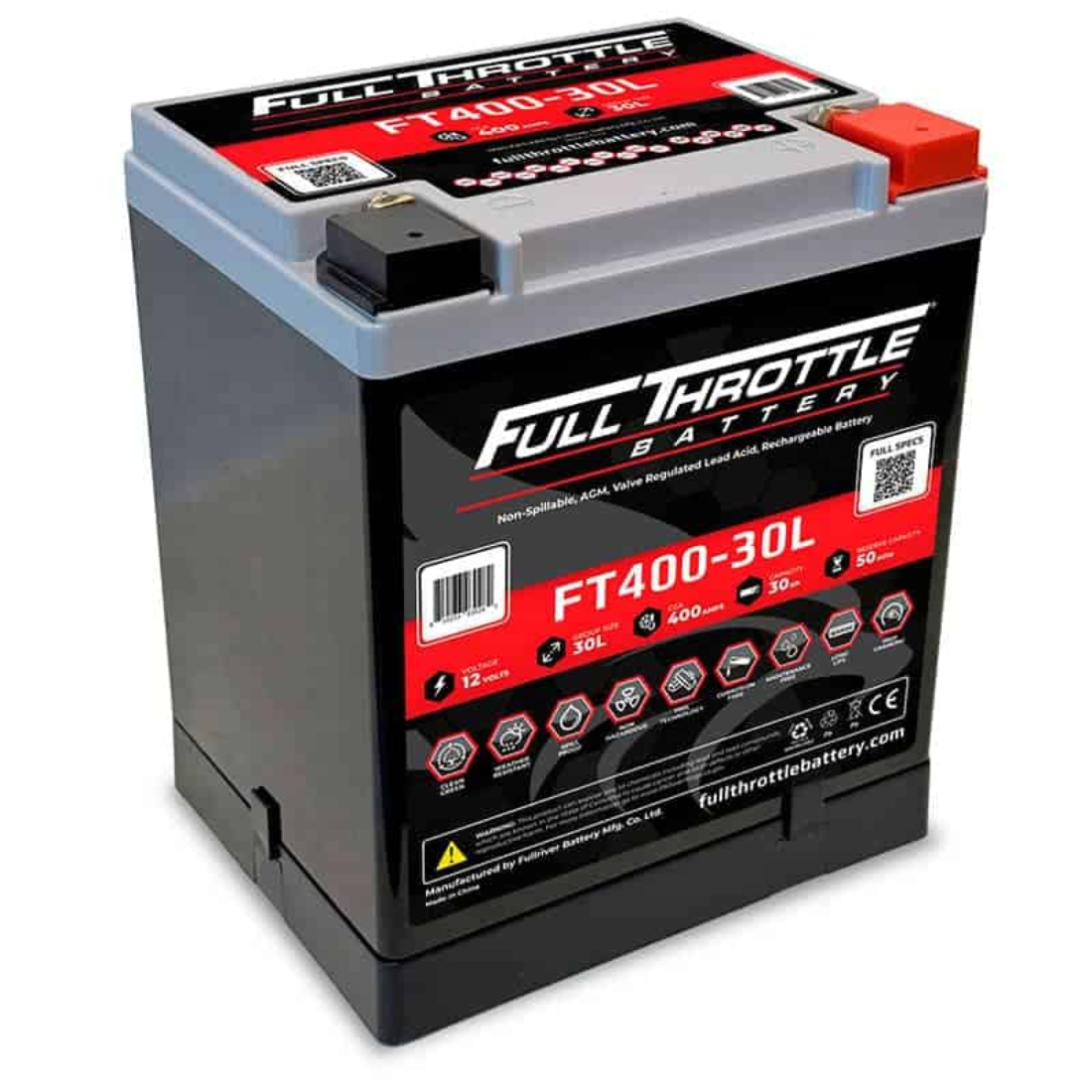 Full Throttle FT400-30L 12V 30Ah 30L CCA 400 Amps High-Performance AGM Battery