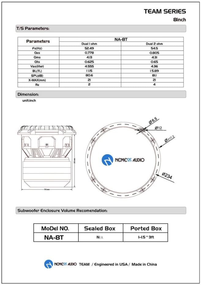 Nemesis Audio NA-8T D2 8" 1500W RMS Dual 2-Ohm Voice Coil DVC Car Subwoofer