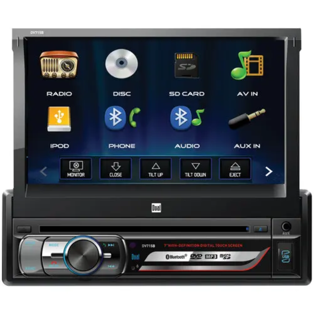 Dual DV715B 1-DIN CD/DVD/AM/FM Bluetooth In-Dash Receiver w/ 7" Flip Out Screen