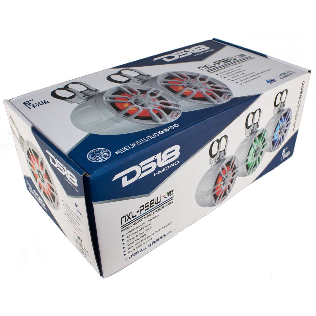 DS18 NXL-PS8W 750 Watts Max Power 4 Ohms 8" RGB Light Mini Marine Speaker Pods