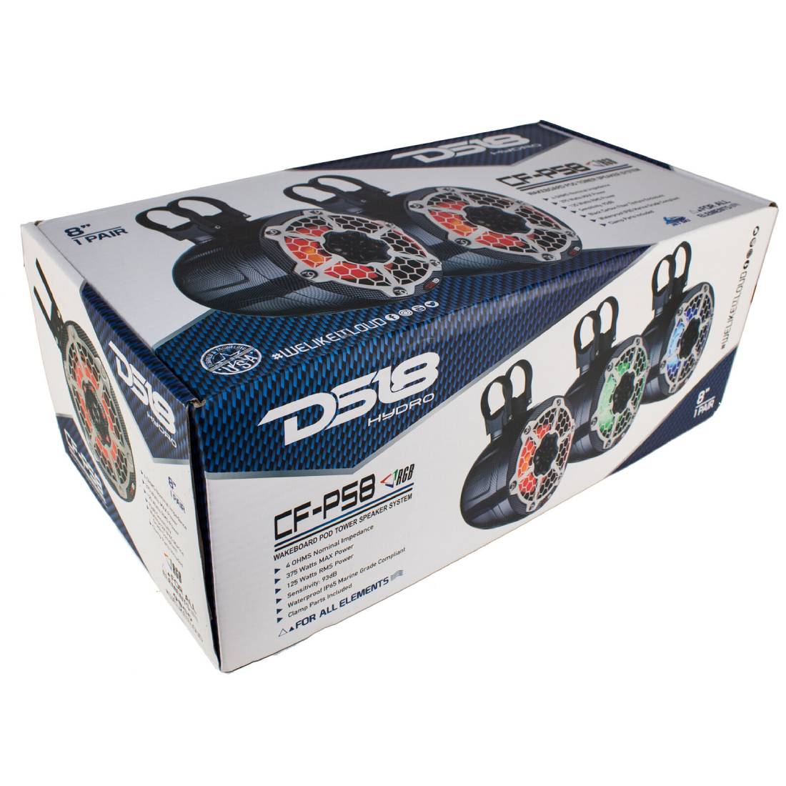 DS18 CF-PS8 750 Watts Max Power 8" RGB LED Mini Carbon Fiber Marine Speaker Pods