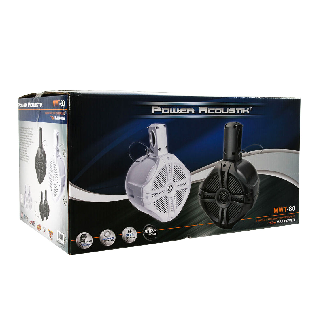 Power Acoustik MWT-80W 750W Max 8" Marine Grade Wakeboard Tower Speakers - White