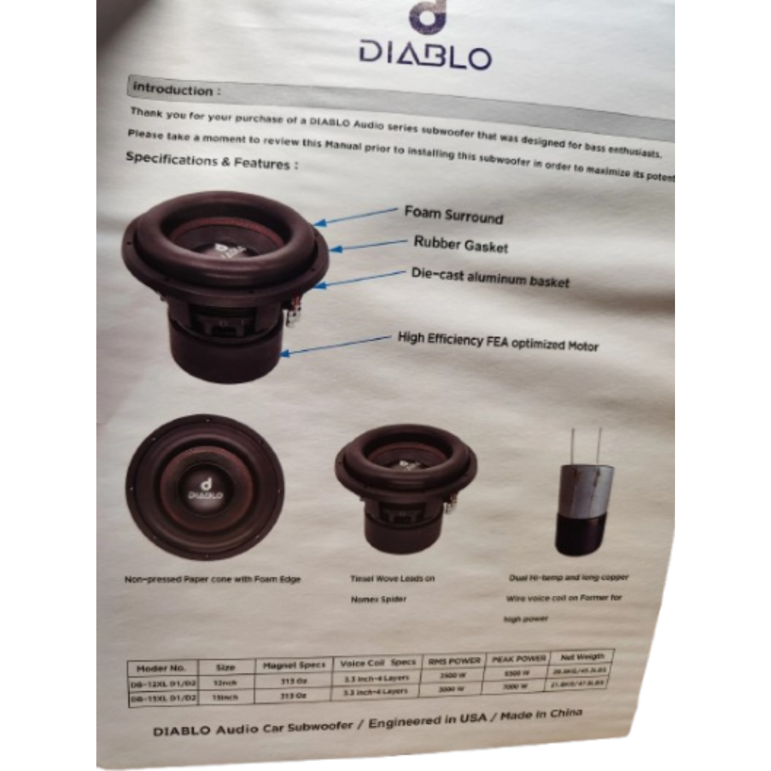 Diablo DB-15XL D2 15" 7000W Peak Dual 2-Ohm Voice Coil DVC Car Audio Subwoofer