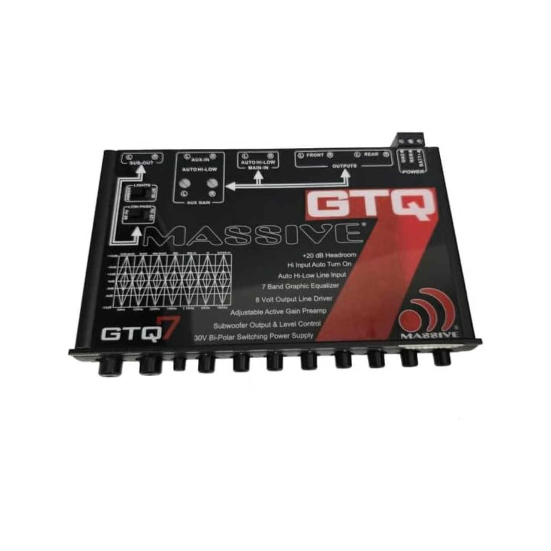 Massive Audio GTQ7 1/2-DIN 7 Band Graphic Equalizer with 8V Output Line Driver