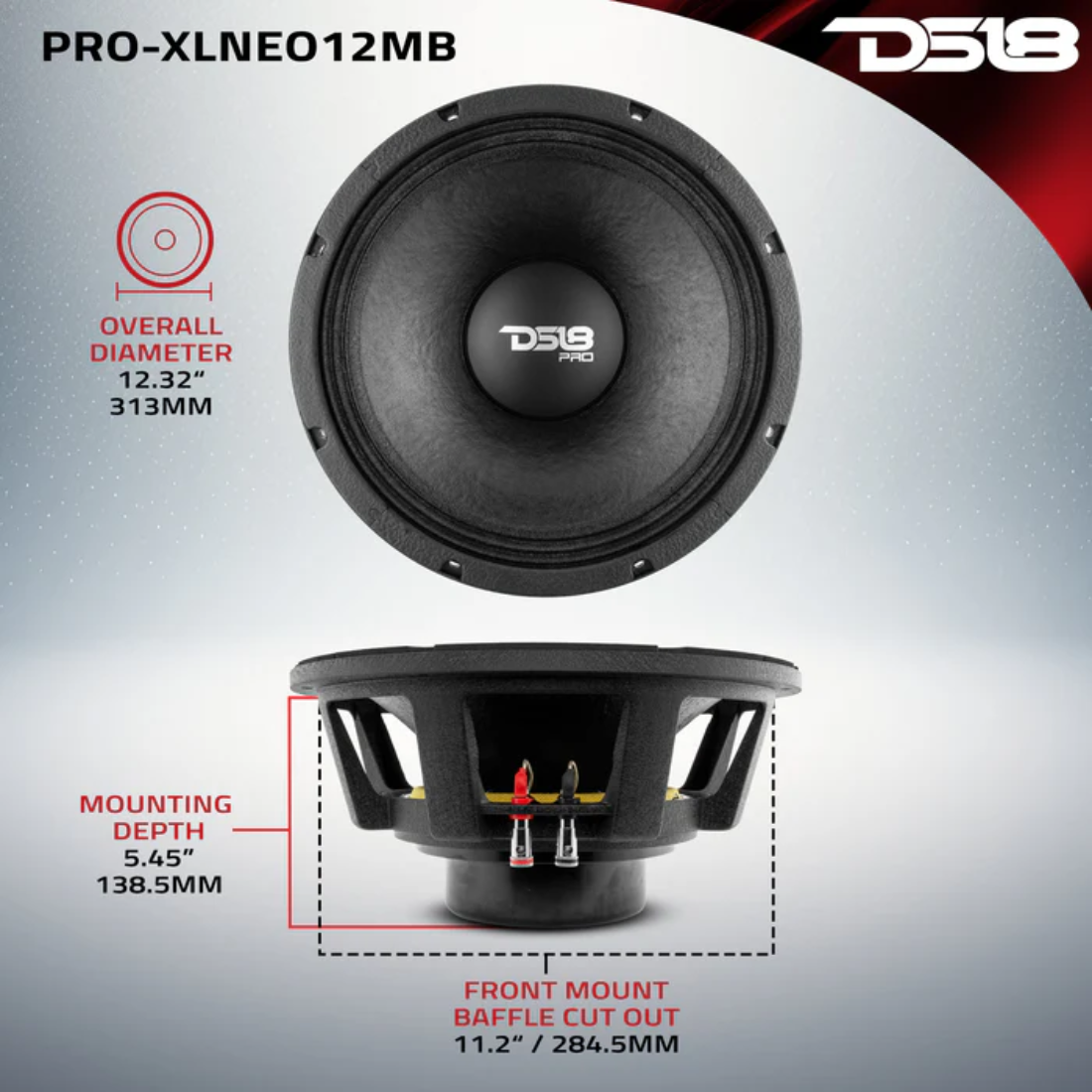 DS18 PRO-XLNEO12MB 12" 2000W Max 8-Ohm Neodymium Mid-Bass Car Audio Loudspeaker