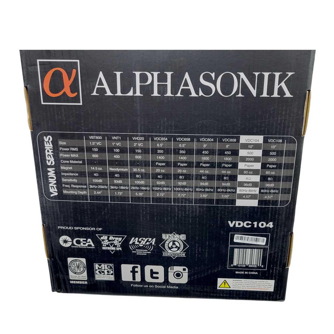 Alphasonik VDC104 10" 2000W Max 4-Ohm Car Audio Mid-Range Speaker with Grille