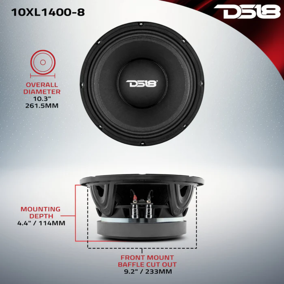 DS18 10XL1400-8 10" 1400W Max 8-Ohm 3.5" Voice Coil Car Mid-Range Loudspeaker
