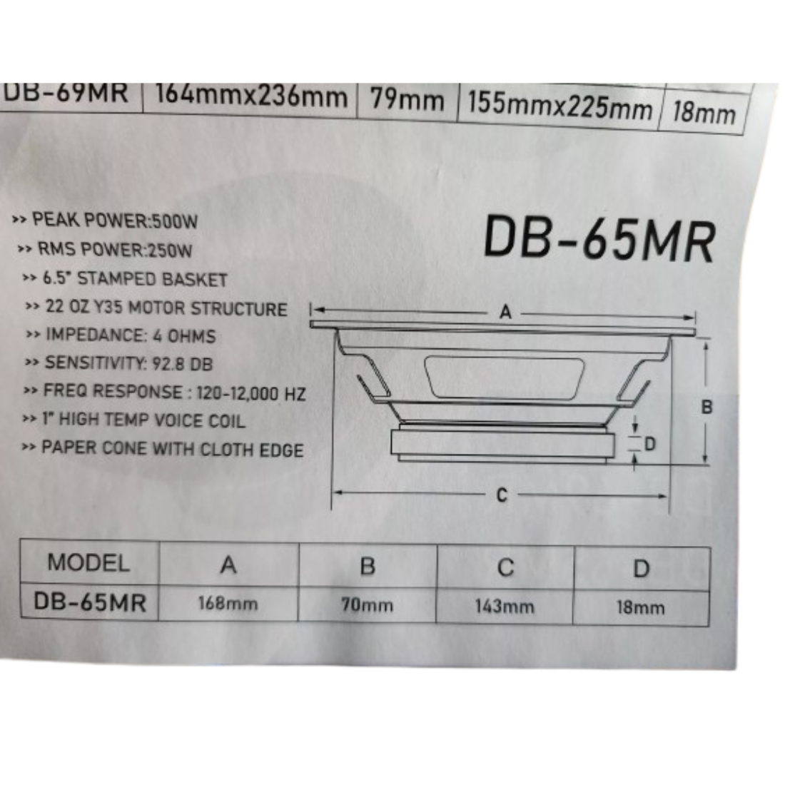 Diablo DB-65MR 6.5" 500W Peak 4-Ohm 1" Voice Coil Car Audio Midrange Loudspeaker