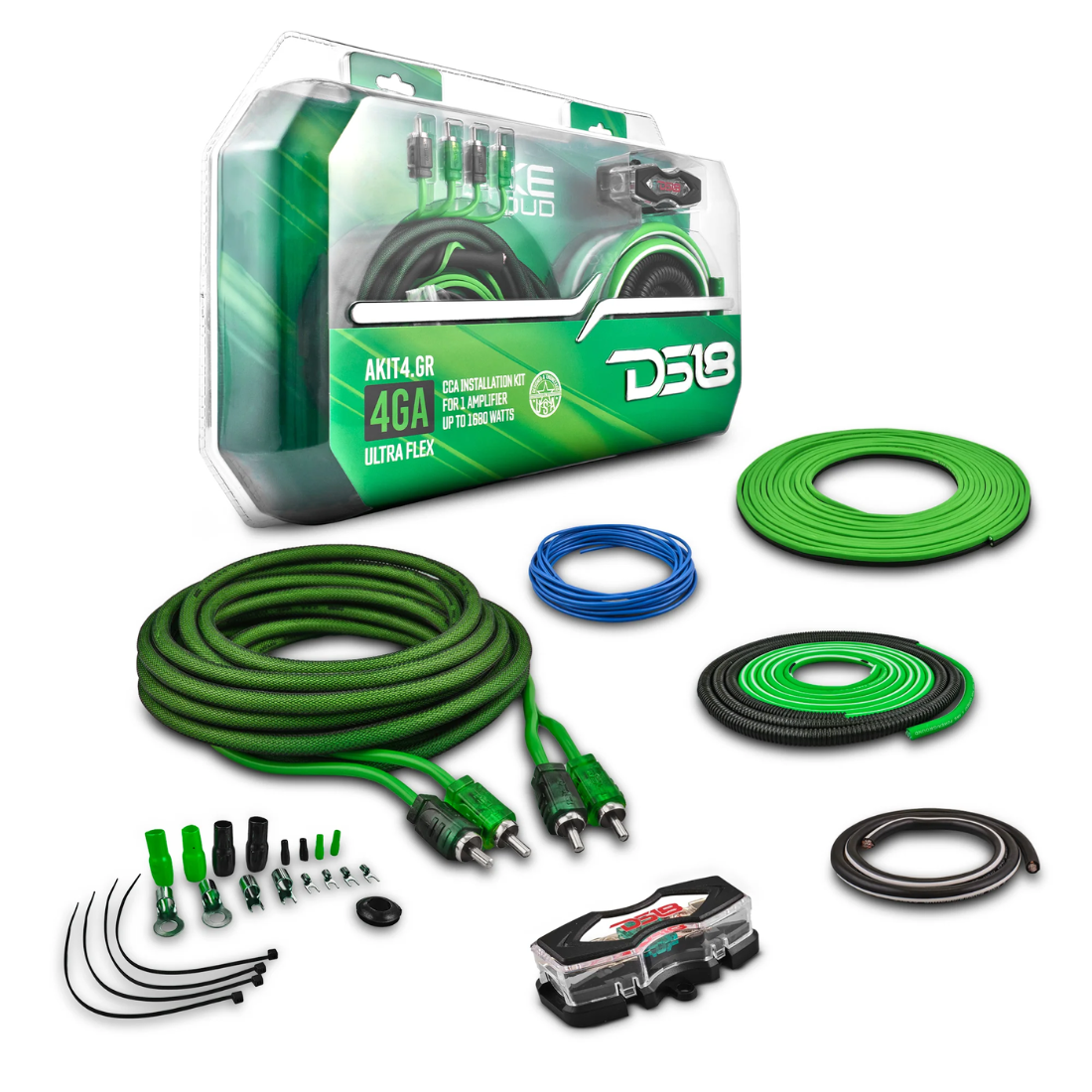 DS18 AKIT4.GR 4-GA CCA Amplifier Installation Wiring Kit Up to 1680W RMS (Green)