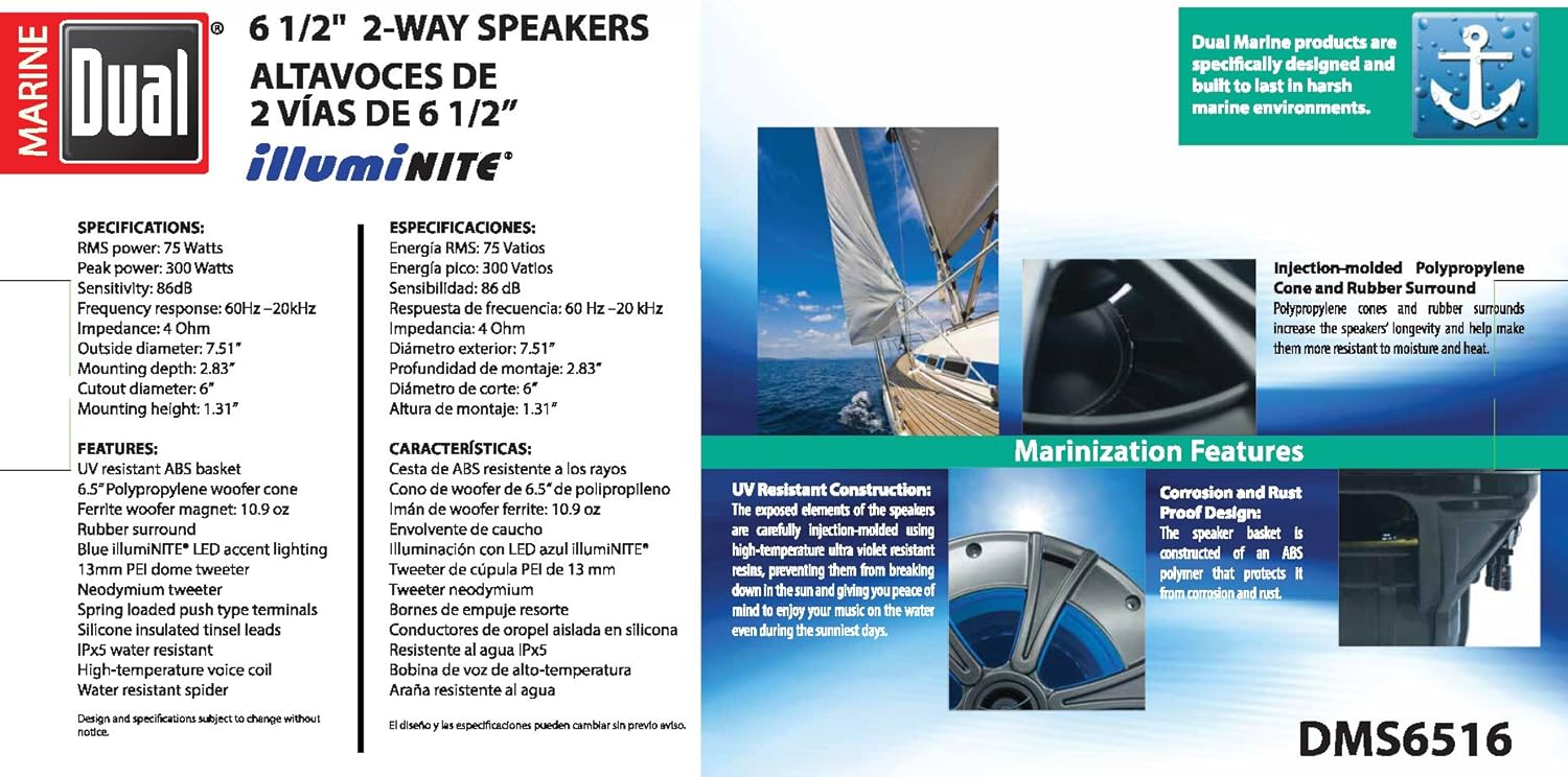 Dual Electronics DMS6516 6.5" 2-Way 300W Peak Marine Speakers w/ Blue LED Light