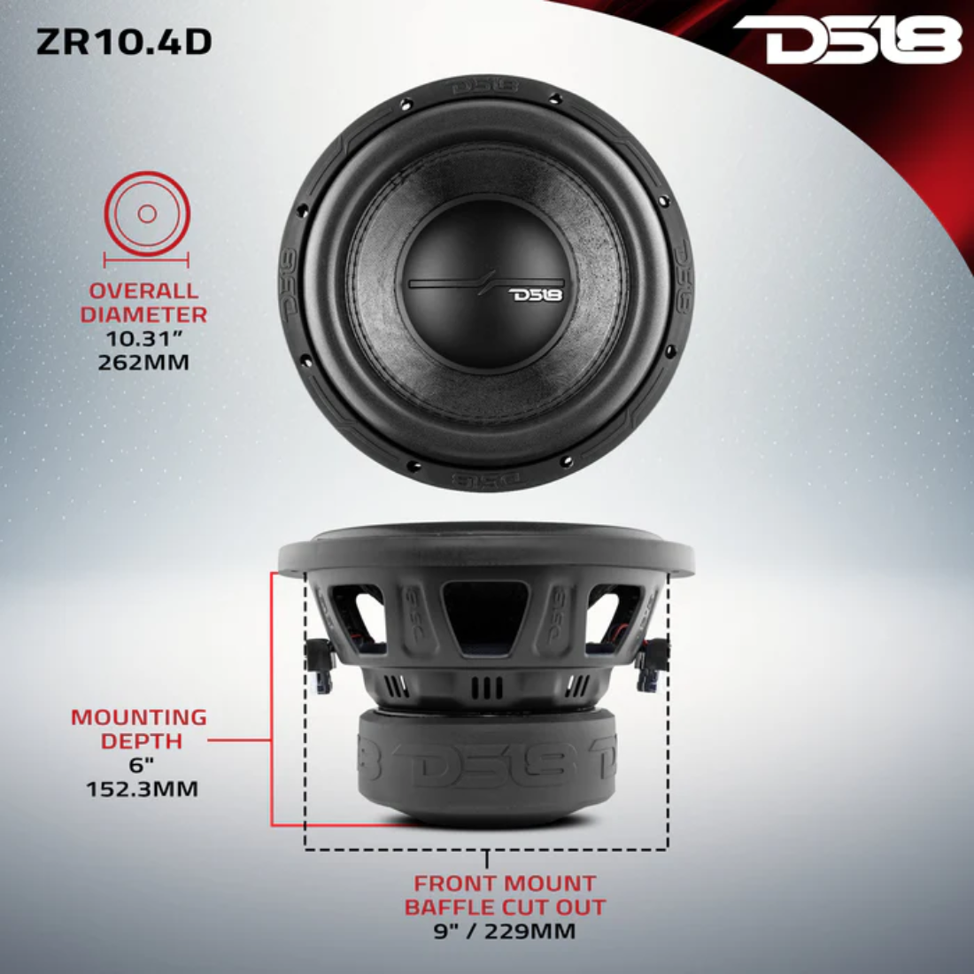 DS18 ZR10.4D 10" 1400W Max Dual 4-Ohm Voice Coil DVC Car Audio Subwoofer