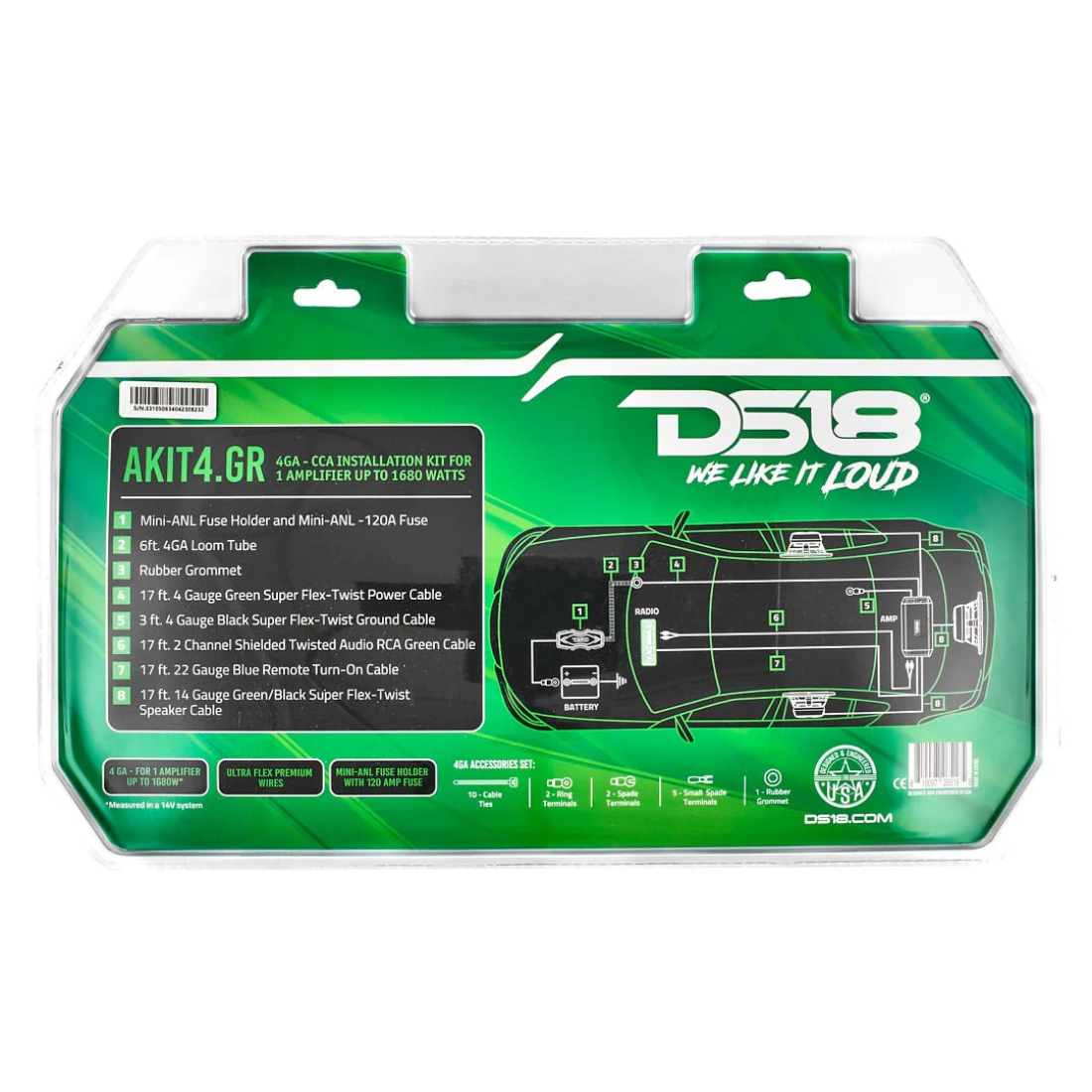 DS18 AKIT4.GR 4-GA CCA Amplifier Installation Wiring Kit Up to 1680W RMS (Green)