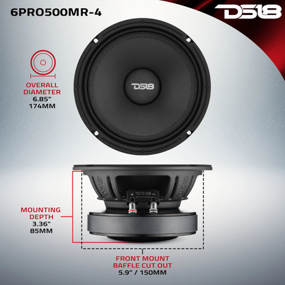 DS18 6PRO500MR-4 6.5" 500W Max 4-Ohm Midrange Car Audio Loudspeaker (Single)