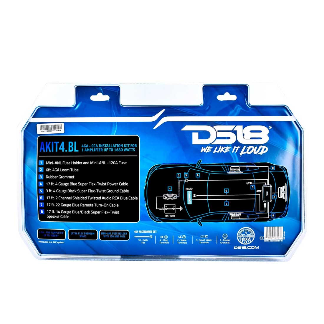DS18 AKIT4.BL 4 Gauge Amplifier Installation Wiring Kit Up to 1680W RMS (BLUE)