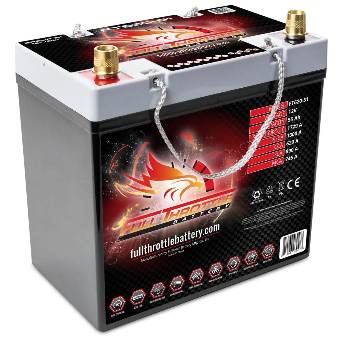 Full Throttle FT620-51 12V 55Ah CCA 620 Amps High-Performance AGM Battery