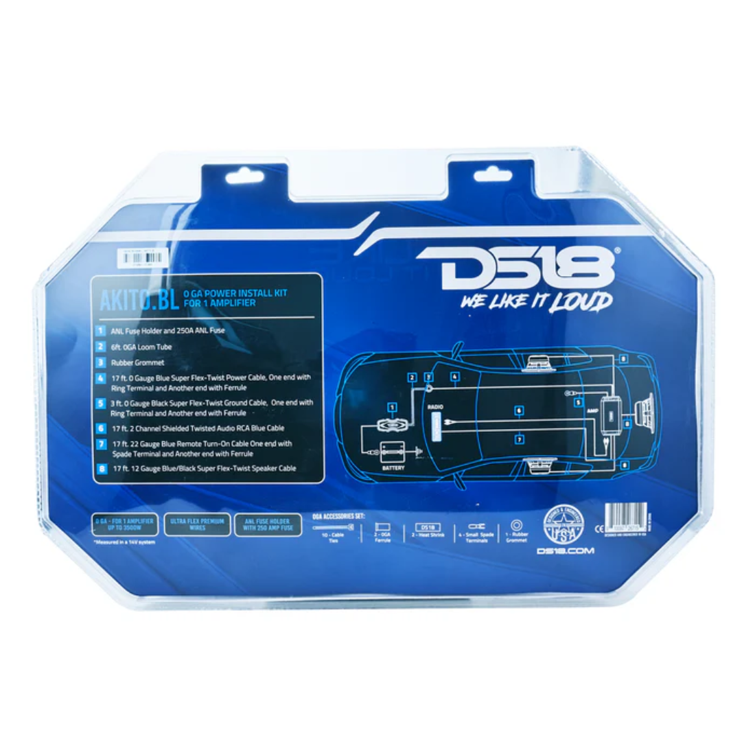 DS18 AKIT0.BL 0-Gauge Amplifier Installation Wiring Kit Up to 3500W RMS (BLUE)