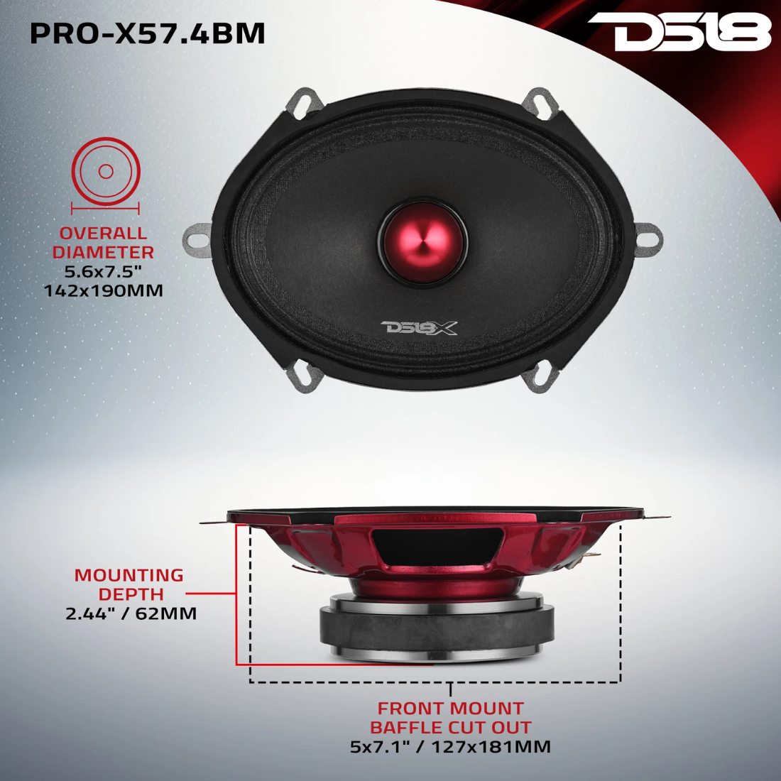 DS18 PRO-X57.4BM 5" x 7" 350W Max 4-Ohm Mid-Range Loudspeaker w/ Aluminum Bullet