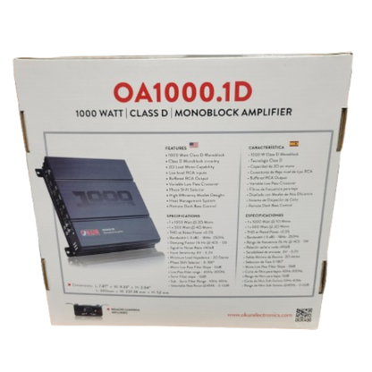 OKUR OA1000.1D 1-CH Monoblock 1 x 1000 Watt @ 1Ω Class-A/B Car Audio Amplifier