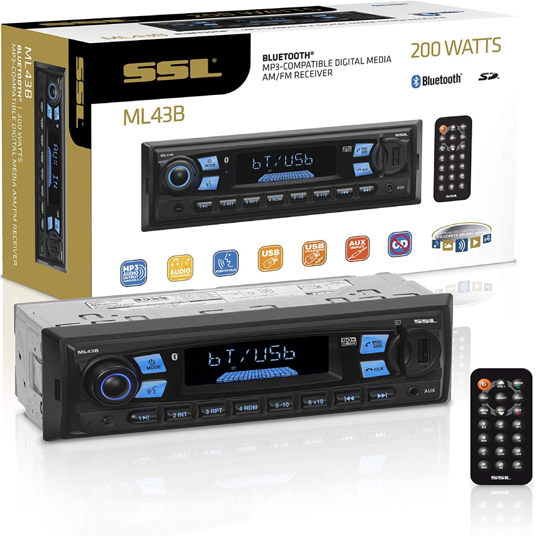 Sound Storm Laboratories ML43B Multimedia Car Stereo - Single Din, MP3 Player, No CD/DVD, Bluetooth Audio and Hands-Free Calling, USB, SD, AUX in, AM/FM Radio, Wireless Remote