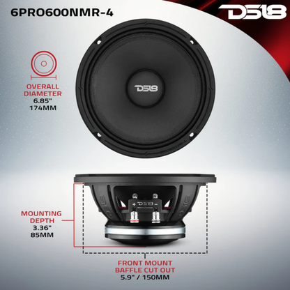 DS18 6PRO500NMR-4 6.5" 500W Max 4-Ohm Midrange Car Audio Loudspeaker (Single)