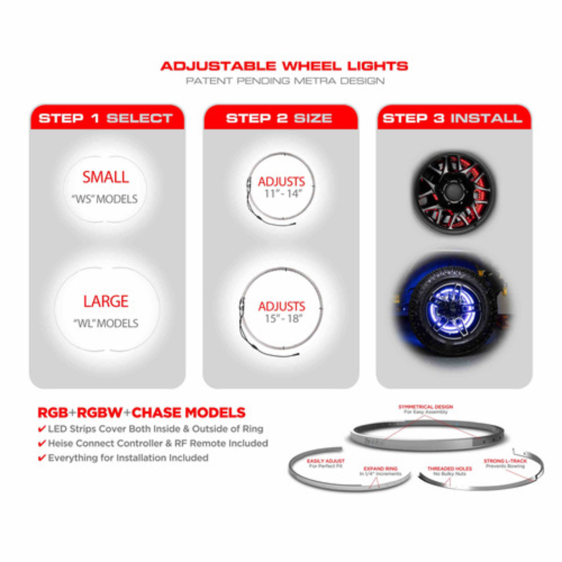 Heise HE-CHASE-WL Expandable Wheel Rings Chasing RGB LED Lights 15" - 18"