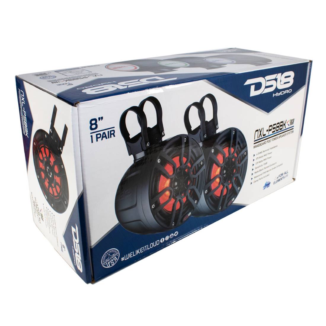 DS18 NXL-PS8BK 750 Watts Max Power 4 Ohm 8" RGB LED Lighting Mini Marine Speaker Pods