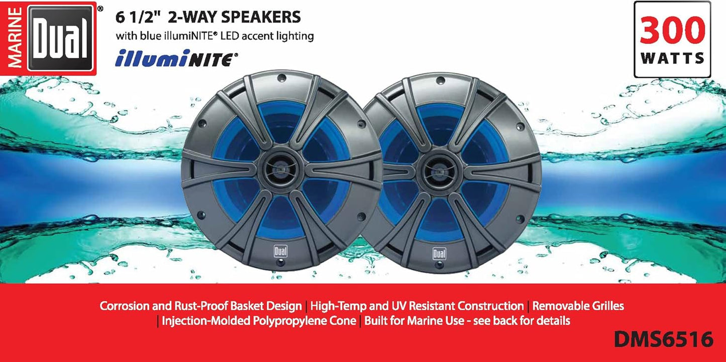 Dual Electronics DMS6516 6.5" 2-Way 300W Peak Marine Speakers w/ Blue LED Light