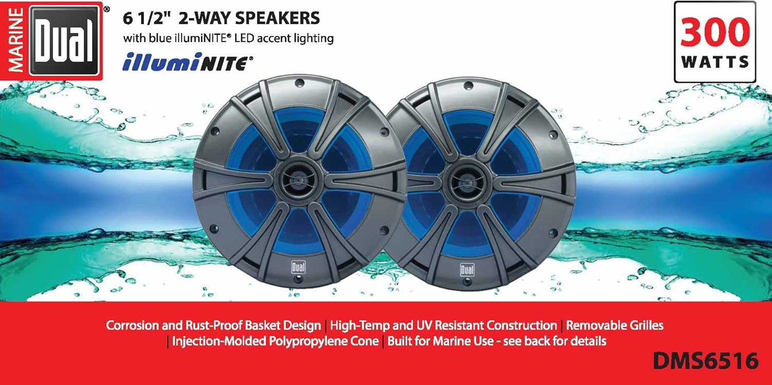 Dual Electronics DMS6516 6.5" 2-Way 300W Peak Marine Speakers w/ Blue LED Light