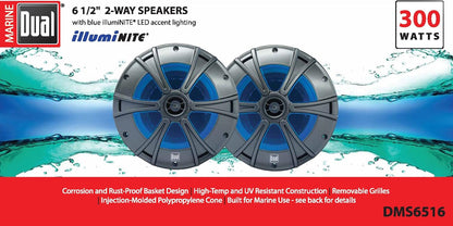 Dual Electronics DMS6516 6.5" 2-Way 300W Peak Marine Speakers w/ Blue LED Light