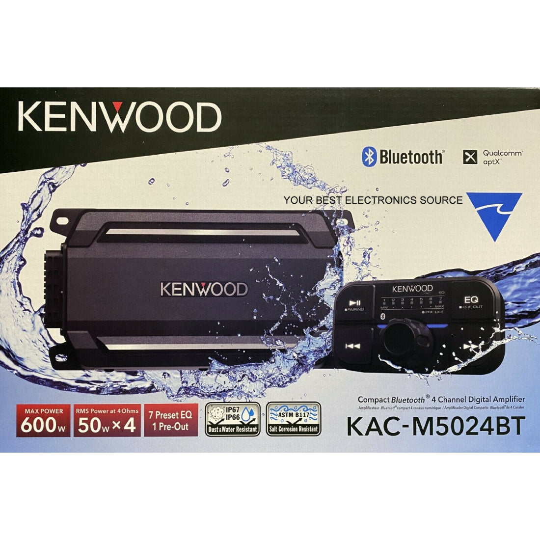 Kenwood KAC-M5024BT 4-Channel 600W Max Class-D Compact Digital Marine Amplifier