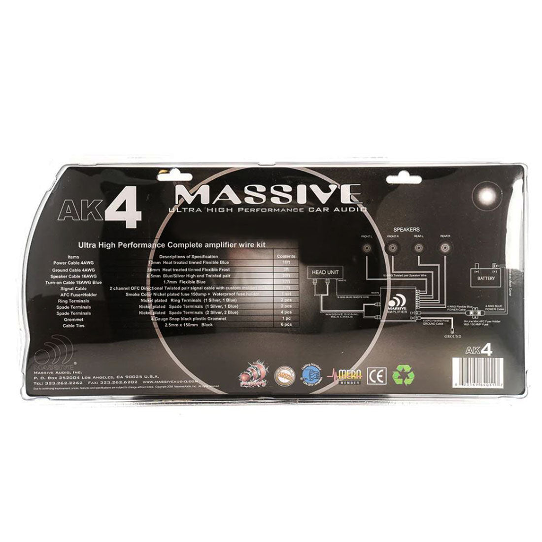 Massive Audio AK4 4 AWG Complete Amplifier Wiring Kit 100% Copper Silver Tinned