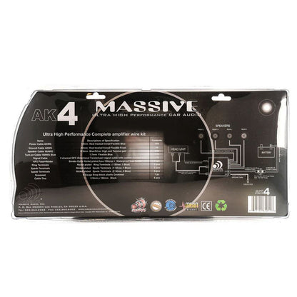 Massive Audio AK4 4 AWG Complete Amplifier Wiring Kit 100% Copper Silver Tinned