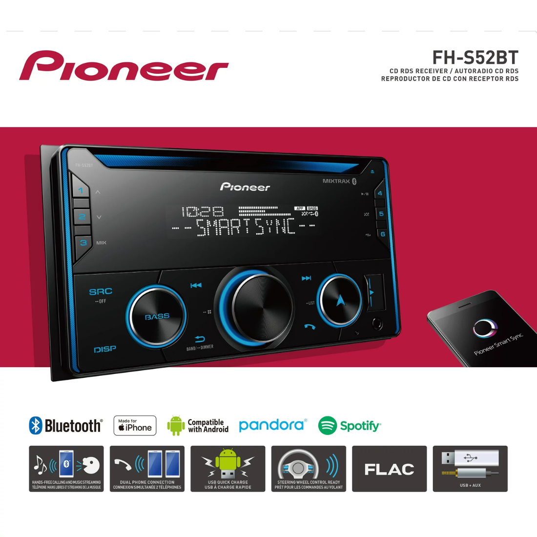 Pioneer FH-S52BT 2-DIN In-Dash CD Bluetooth Receiver Android iPhone Smart Sync