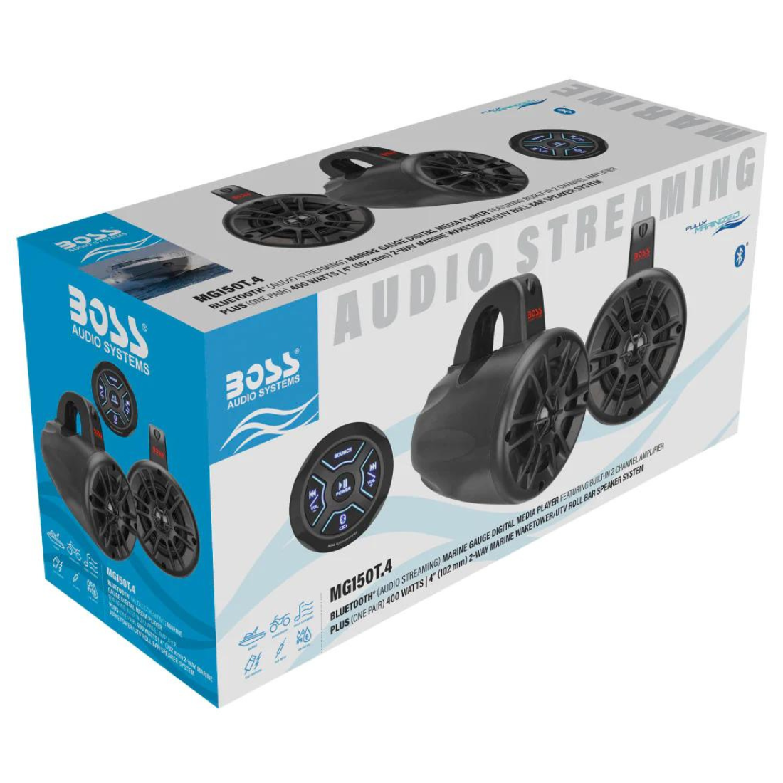 Boss Audio MG150T.4 Marine Gauge Digital Media Receiver & 4" Waketower Speakers